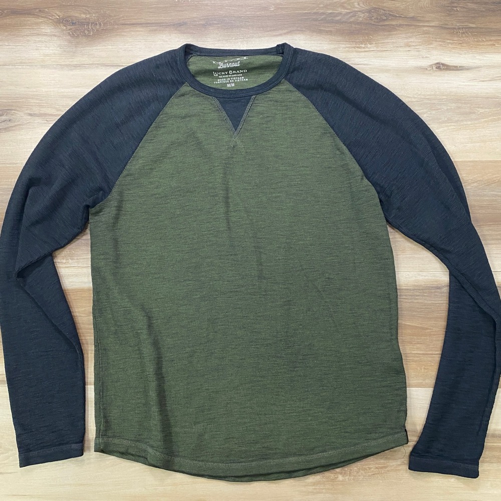 Lucky Brand Raglan Tee Size M Venice Burnout Cotton Blend Long Sleeve Green
